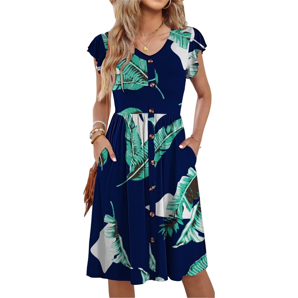 Fantaslook‎ Women's Casual V Neck Buttons Midi Dress Green Leaf Print Sz L NWT